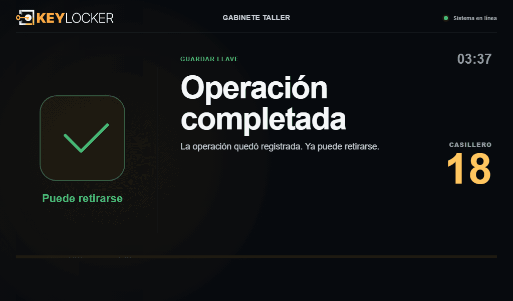 Pantalla del gabinete Keylocker confirmando una operación completada